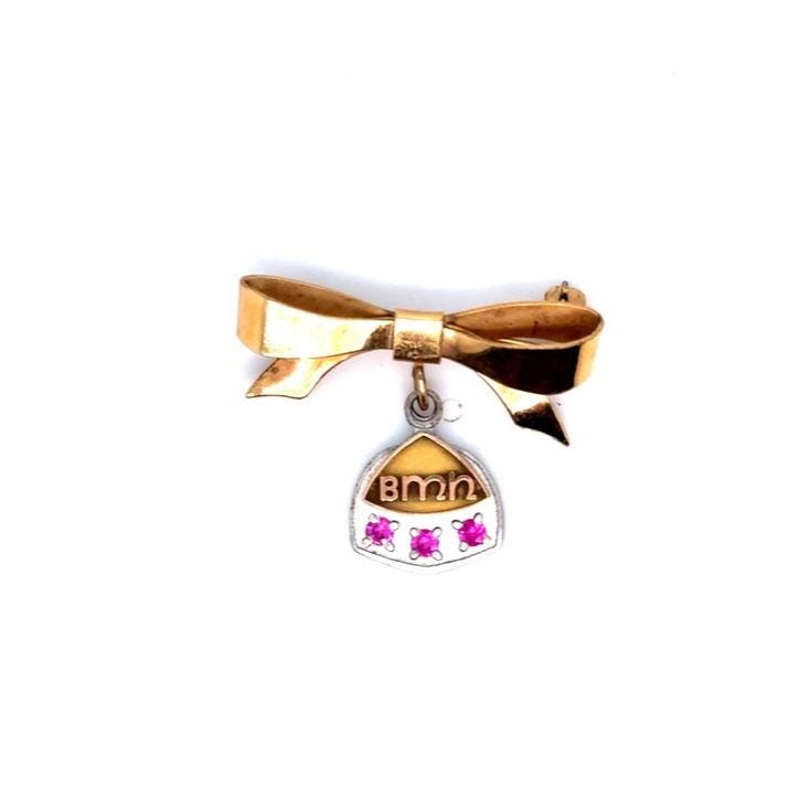 Gold Bow Pin with Pink Stone Charm