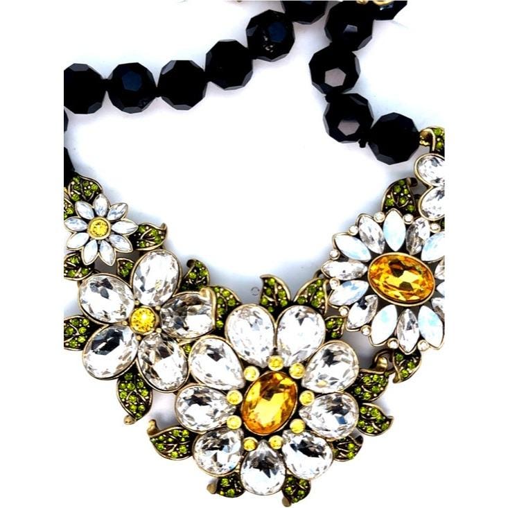 Heidi Daus Floral Crystal Statement Necklace - Black, Clear, Yellow, Green, Gold