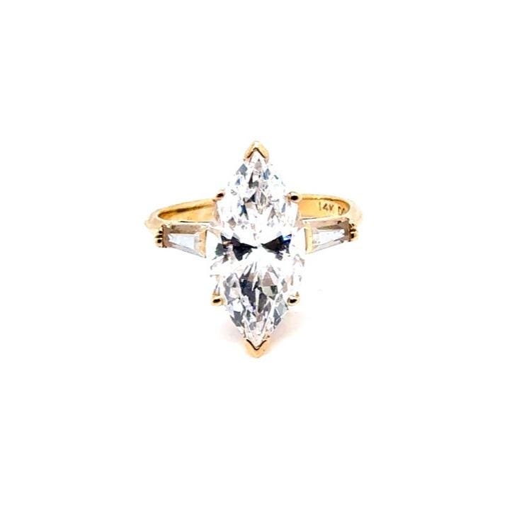 14K Gold Marquise-Cut Solitaire Ring with Side Baguette Accents - White Stone