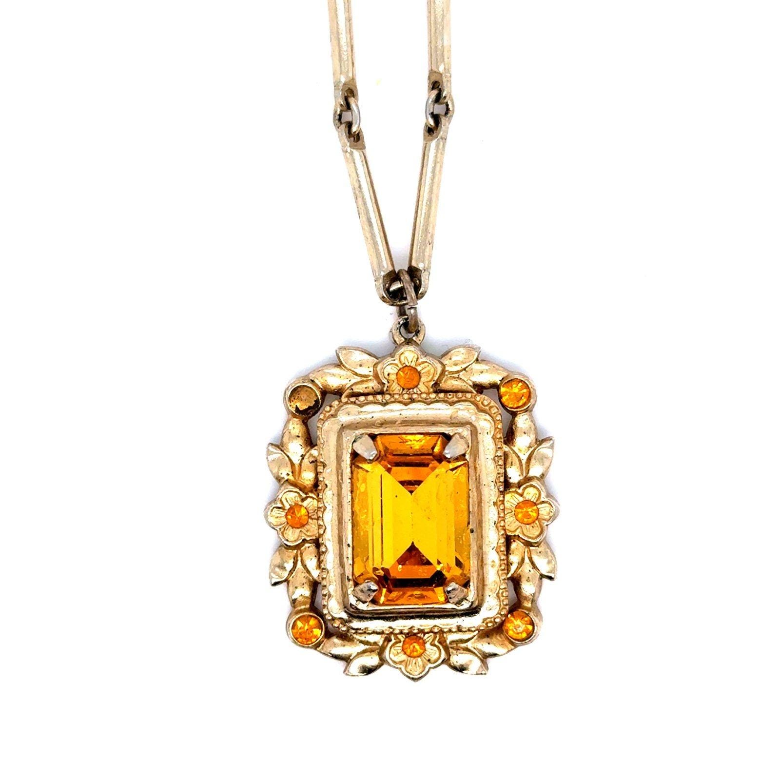 Citrine Colored Rhinestone Pendant Necklace