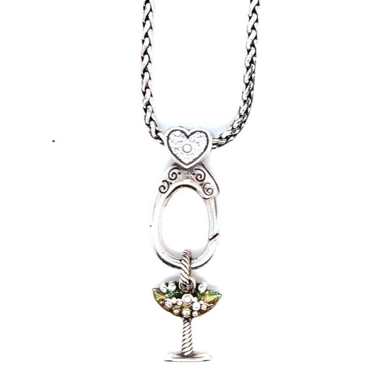 Brighton Silver-Tone Necklace with Green and White Crystal Cocktail Charm