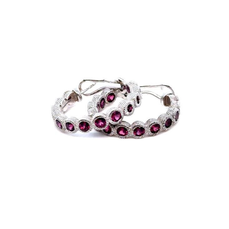 Judith Ripka Silver Hoop Earrings with Magenta Gemstones
