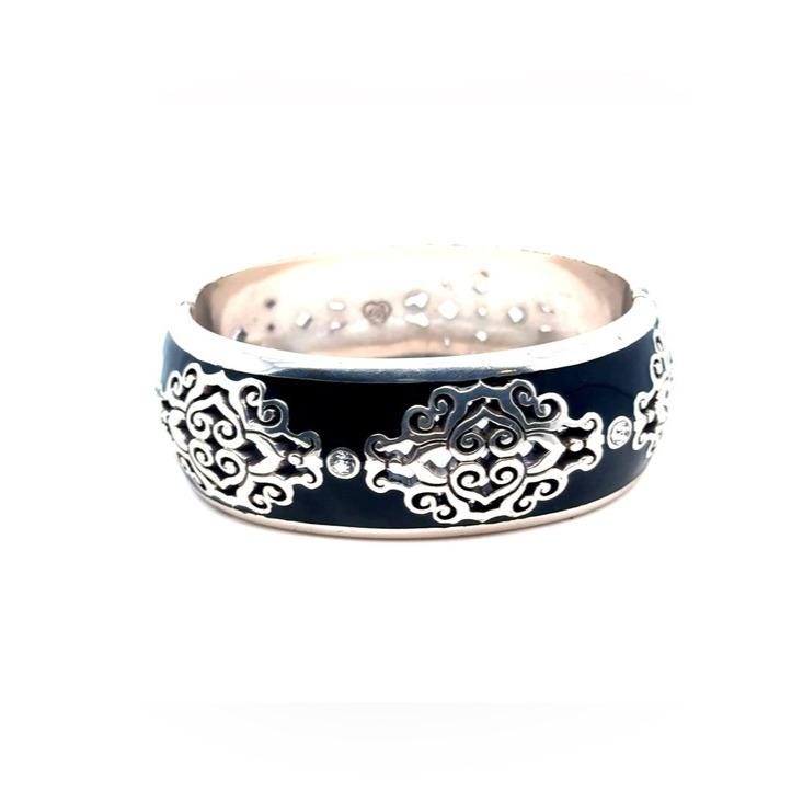 Brighton Black Enamel Silver-Tone Filigree Bangle Bracelet
