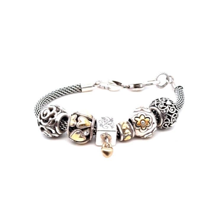 Brighton Two-Tone Silver Bracelet with Gold Heart & Floral Charms