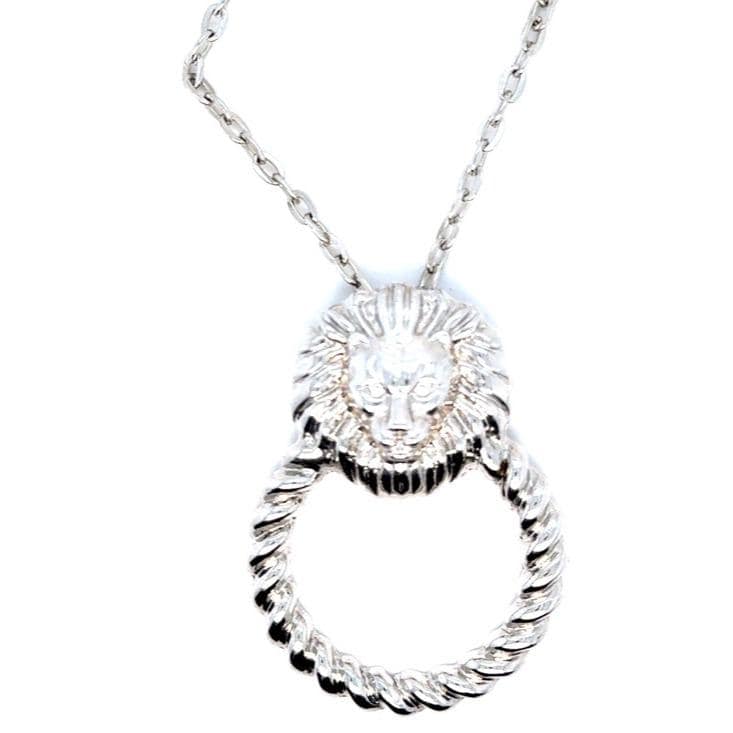 Silver Tone Lion Head Rope Ring Pendant Necklace (n1)