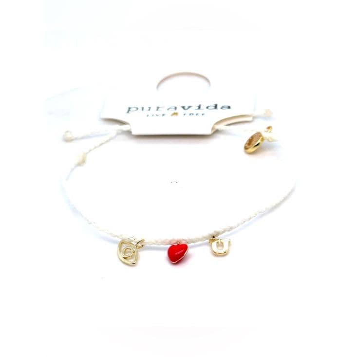 Pura Vida White Braided Bracelet with Red Heart and Gold Charms