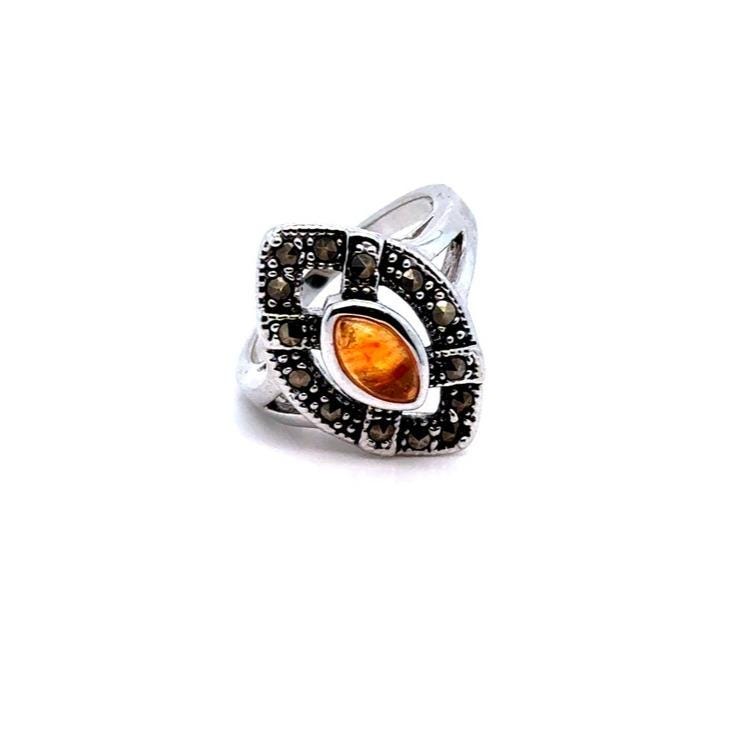 Silver Colored Amber Marquise Ring - Orange Gemstone