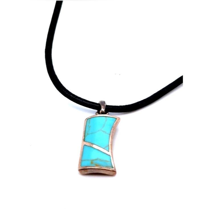 Sterling Silver 925 Turquoise Inlay Pendant Necklace - Blue Stone on Black Cord