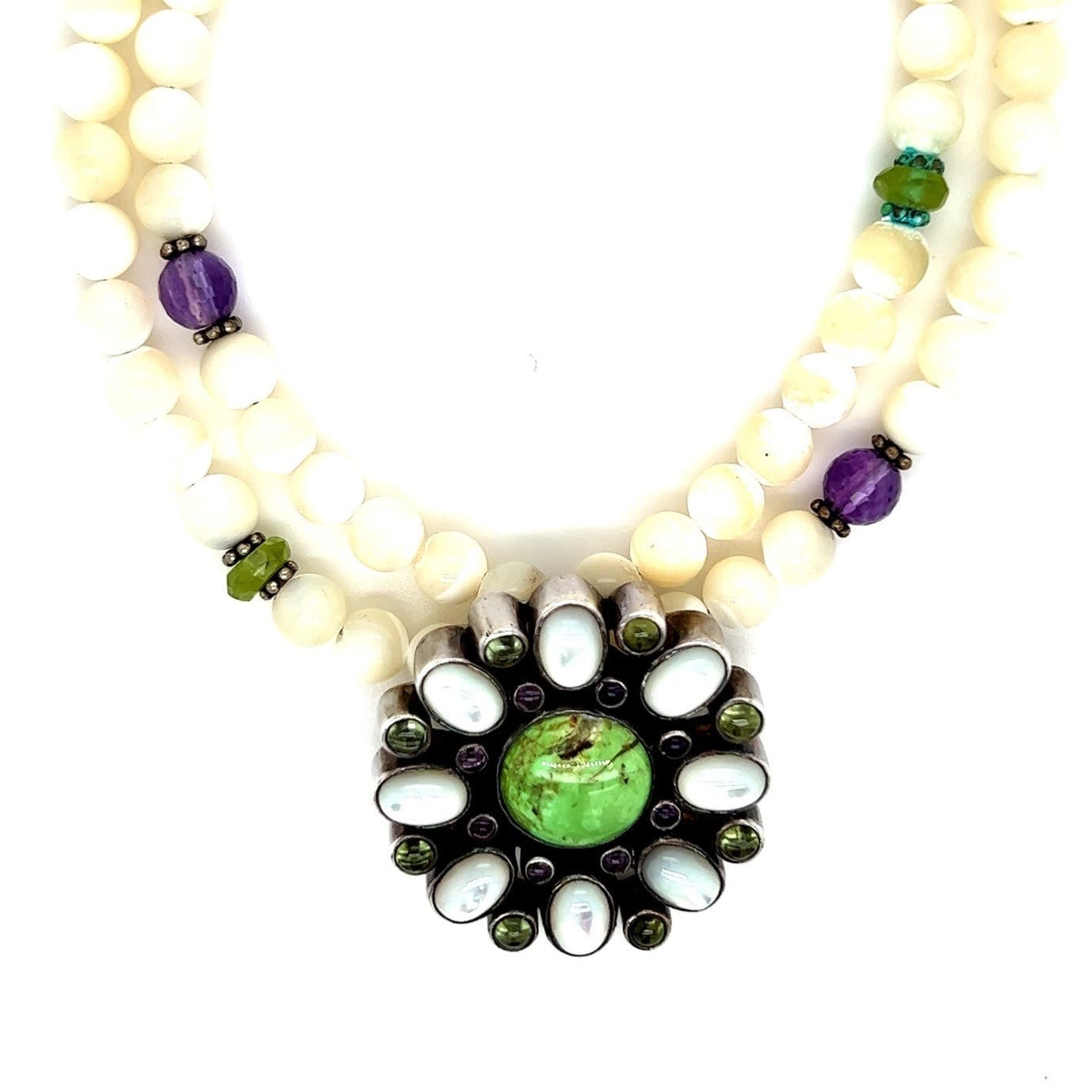 Stunning 925 Vintage Double Strand Flower Stones Necklace