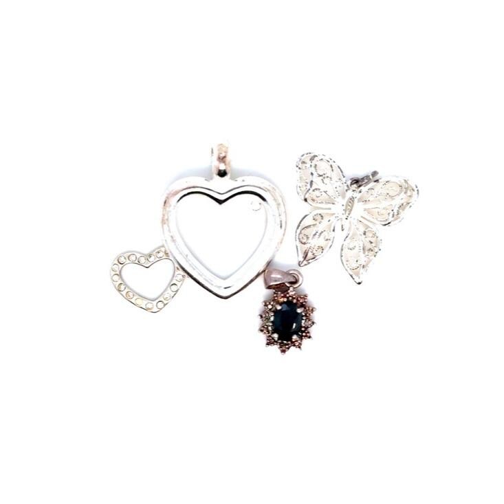 Sterling Silver Heart and Butterfly Charm Set with Black Stone Pendants