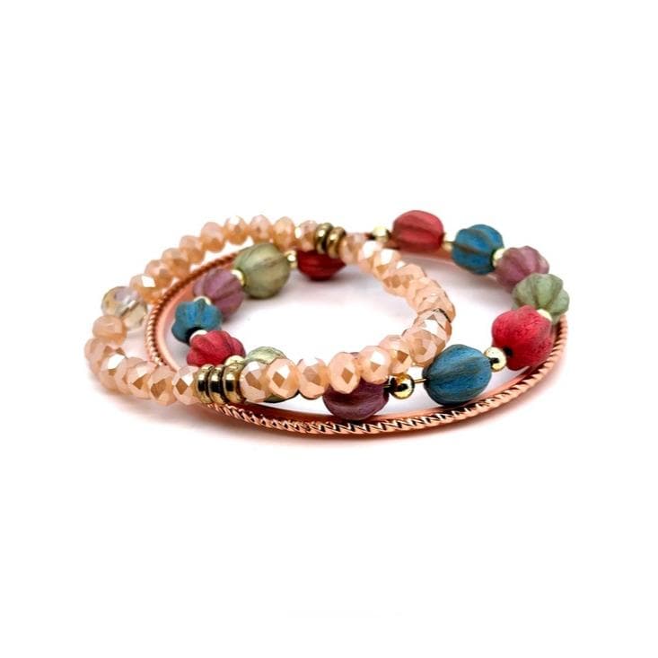 Multicolor Beaded Stackable Bracelet Set - Peach and Multicolor (c1)