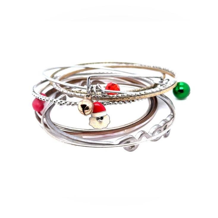 Stacked Silver-Tone Bangle Bracelet Set with Red Santa Charm (E5)