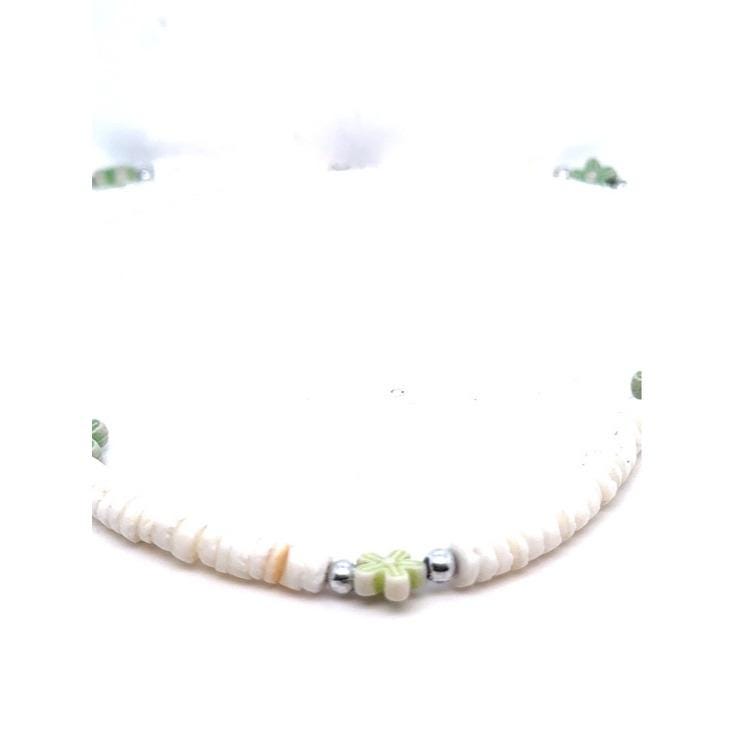 Handmade White Bead Necklace with Light Green Flower Accent (n3)