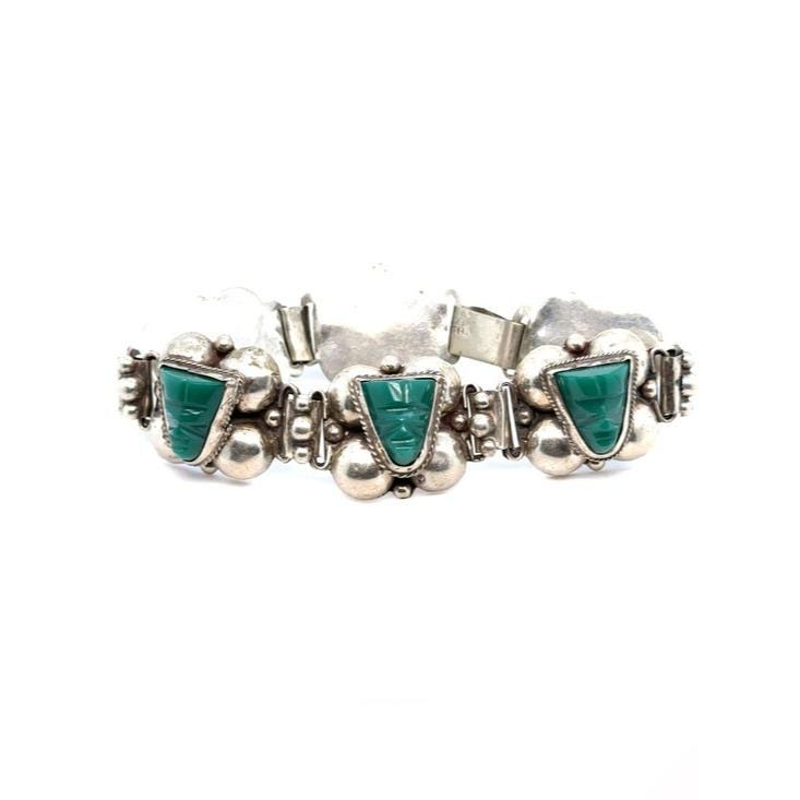 Sterling Silver Mexico Green Stone Link Bracelet