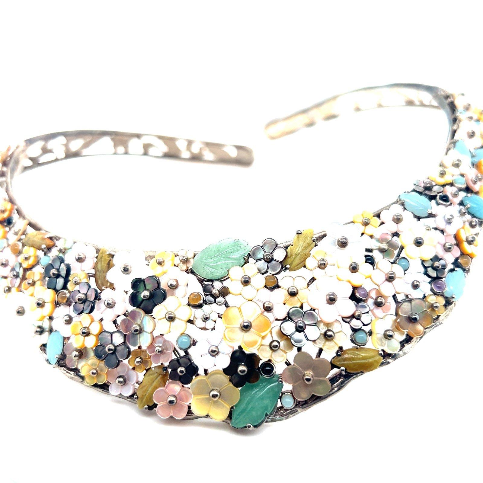 Exquisite 925 Silver Floral Stones Open Collar Necklace