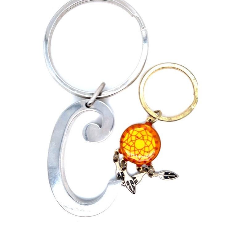 Silver Letter C Keyring with Orange Dreamcatcher Charm