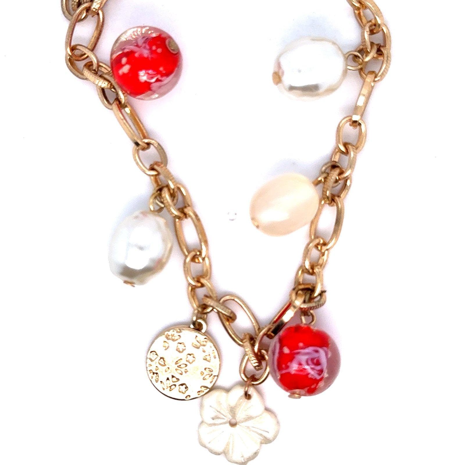 Red Ball, White Flower, Circle Disc, Pearl Charm Necklace (n3)