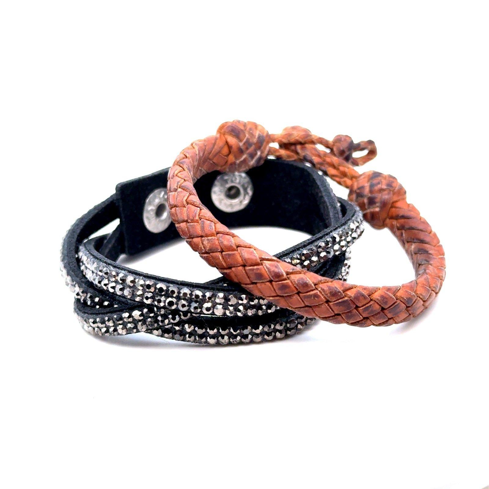 2 Rhinestones and Brown Braided Bracelet Lot (d)