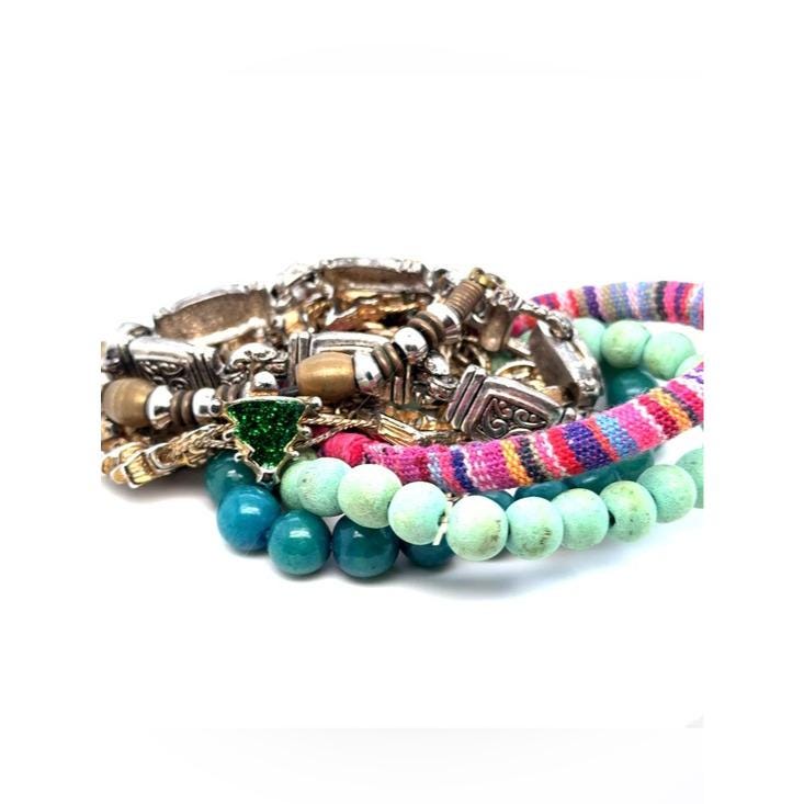Boho Multi-Strand Turquoise & Green Beaded Bracelet Stack (E5)