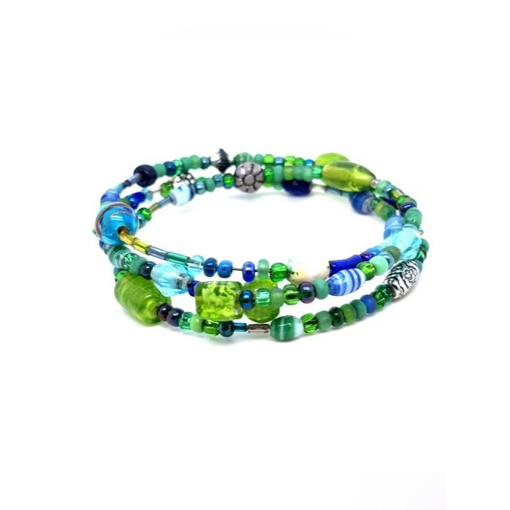 Handmade Green & Blue Beaded Coil Bracelet (E5)