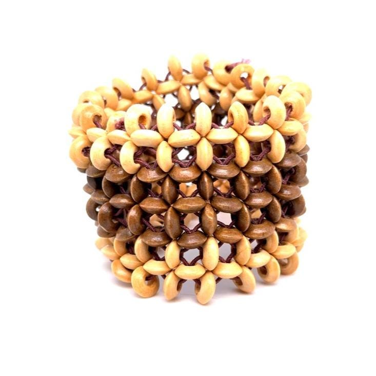 Handmade Two-Tone Wooden Bead Stretch Bracelet - Brown & Tan (E5)