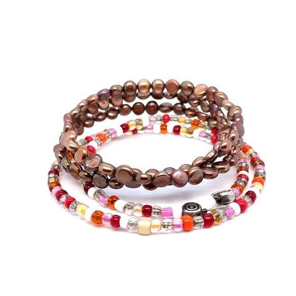 Handmade Multicolor and Brown Beaded Coil Bracelet Set (d)