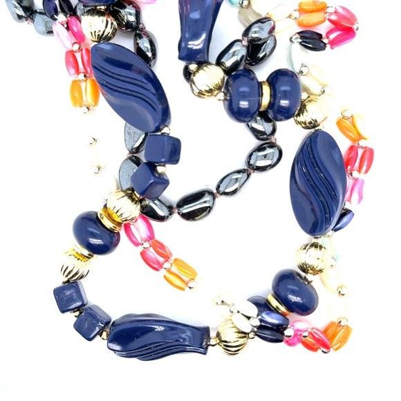 Multi-Strand Navy Bead & Multicolor Accent Necklace - Unbranded (n2)