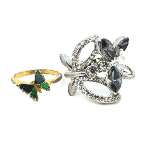 Silver Crystal Floral Cocktail Ring and Gold Green Butterfly Stack Ring