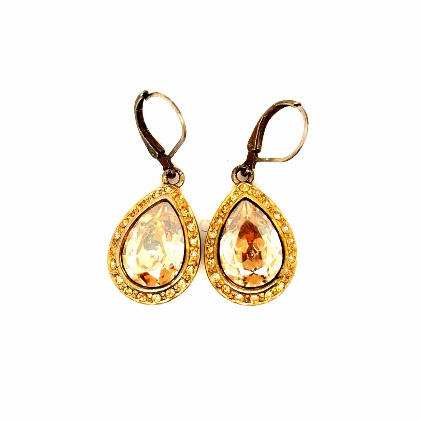 Champagne Color Stone Teardrop Dangle Earrings