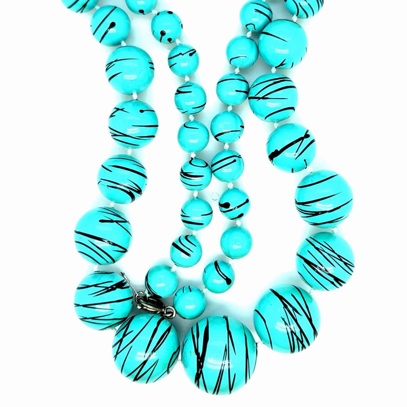 Long Blue With Black Lines Beaded Necklace