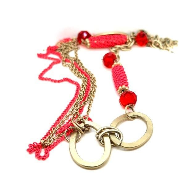 Pink Gold-Tone Multi-Chain Necklace with Hoop Pendant (n3)