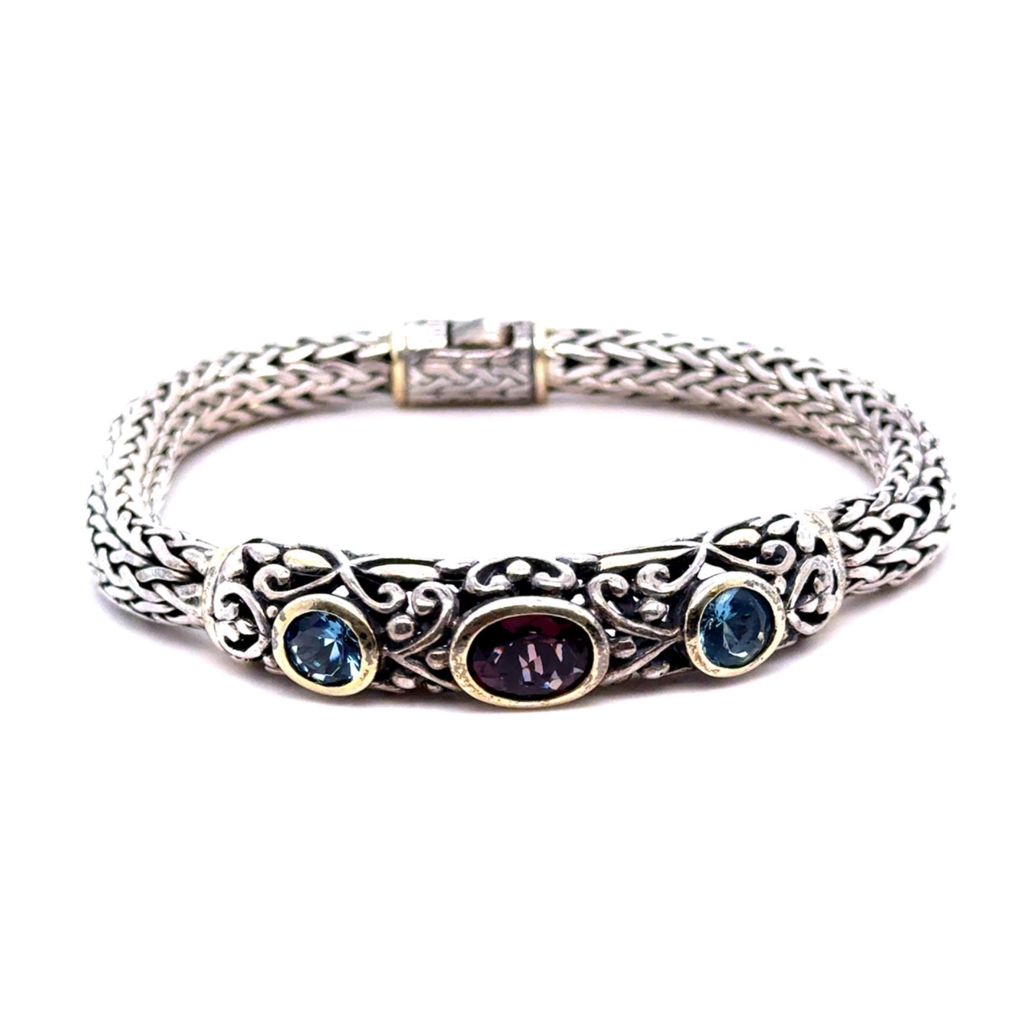 Silver 925 3-Gemstones Wheat Bracelet