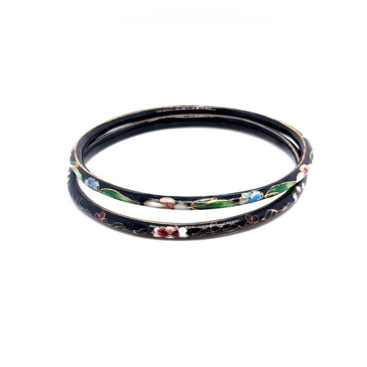 Black Enamel Floral Cloisonné Bangle Set - Women Jewelry (E5)