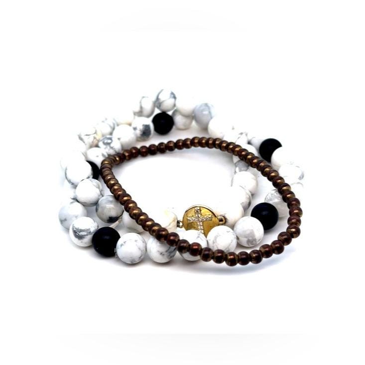 Stretch Beaded Bracelet Set with White Marble & Bronze Beads