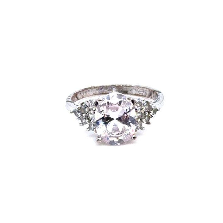 Classic Silver-Tone Pink Center Stone Ring with Side Accents