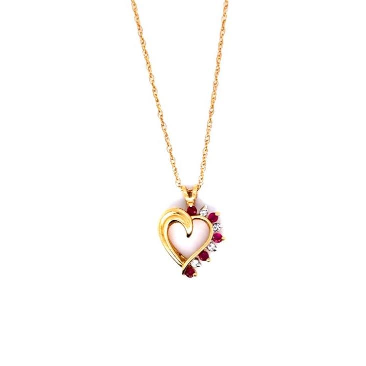 14K Gold Diamond/Rubies Heart Pendant Necklace