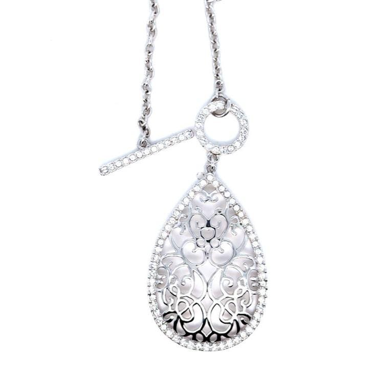 Touchstone Crystal Silver Filigree Teardrop Pendant Necklace