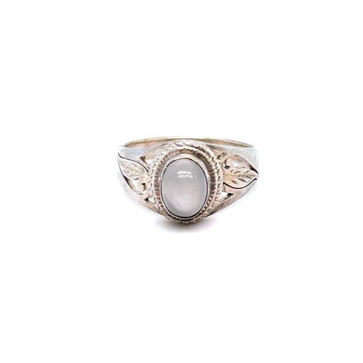 Sterling Silver Moonstone Ring with Leaf Accents
