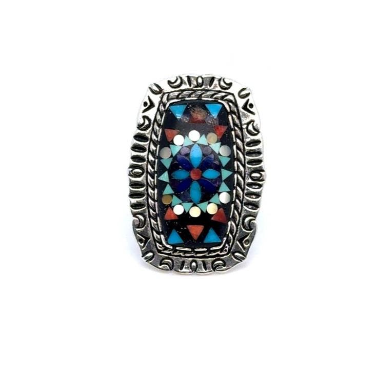 Carolyn Pollack Multicolor Inlay Floral Mosaic Ring - Turquoise & Coral Hues