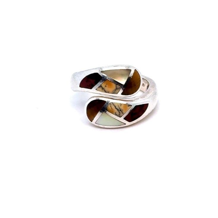 Sterling Silver 925 Multi-Stone Inlay Silver Wrap Ring - Brown, Tan, Cream Inlay