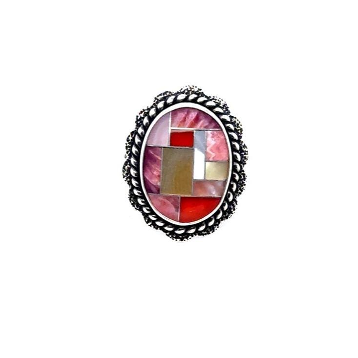 Carolyn Pollack Silver 925 Pink Red Mosaic Inlay Oval Ring