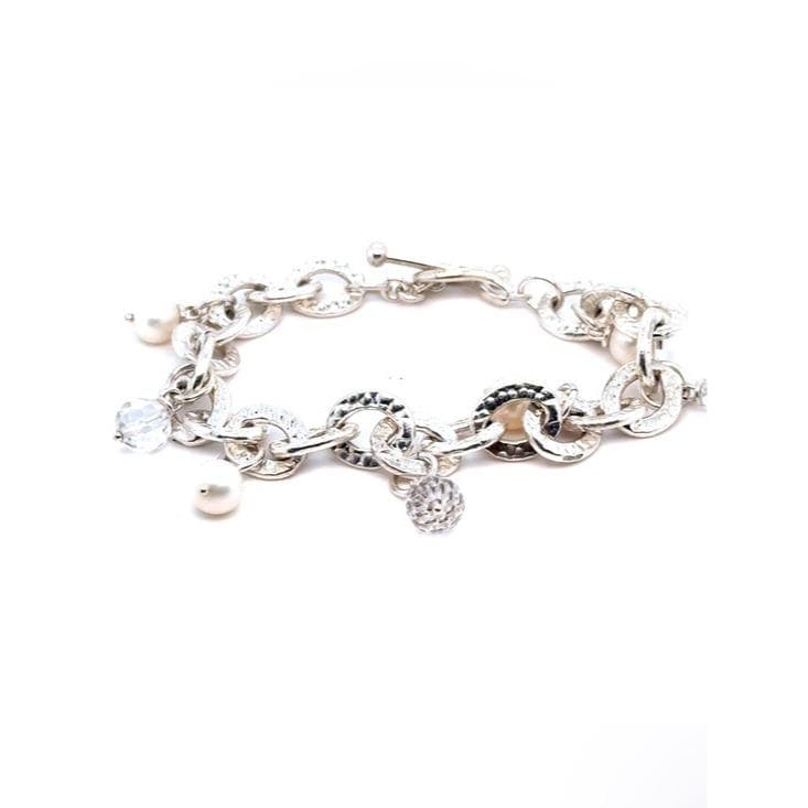 Michael Dawkins Silver Link Bracelet with Pearl and Crystal Charms
