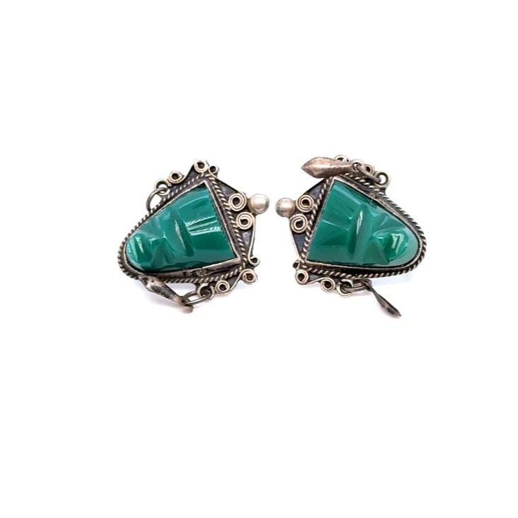 Sterling Silver Green Stone Clip-On Earrings