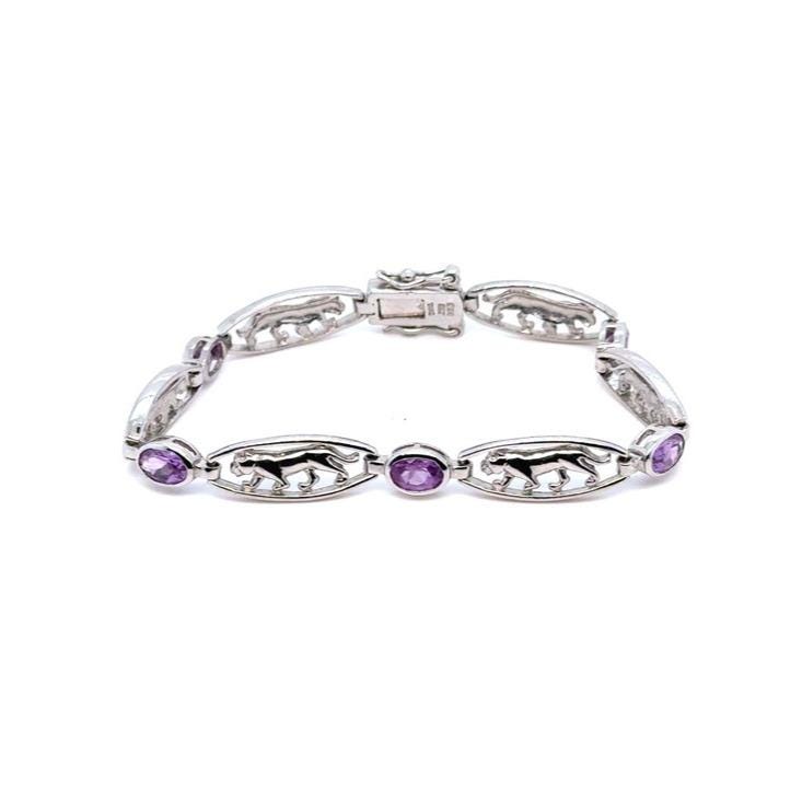 Sterling Silver 925 Panther Link Bracelet with Amethyst Accents