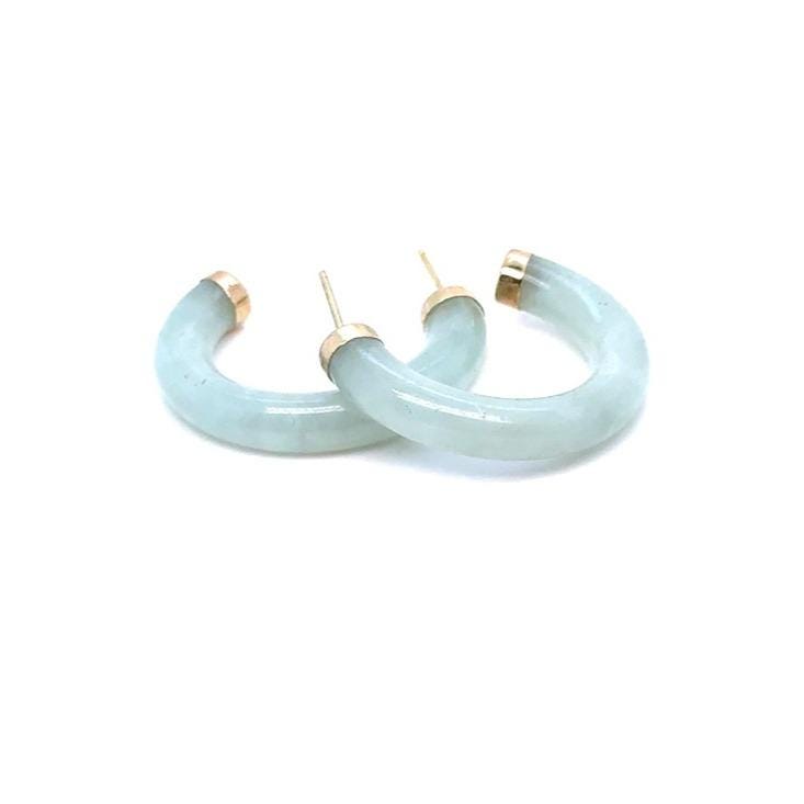 14K Gold Trim Pale Green Jade Hoop Earrings
