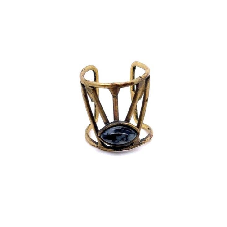 Brass Openwork Ring with Black Stone Accent