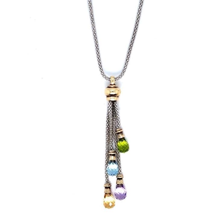 Silver 925 Multicolor Gem Tassel Pendant Necklace with Gold Accent