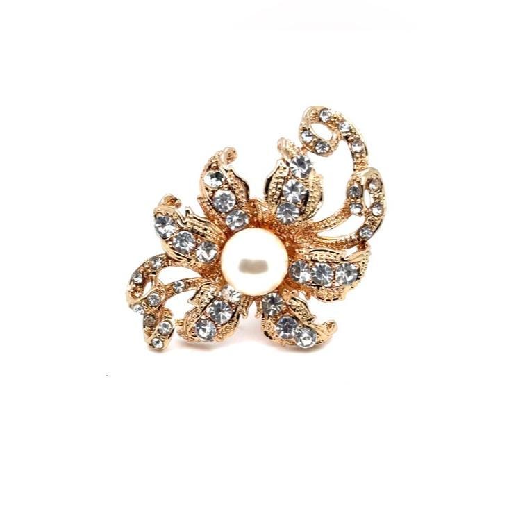 Gold-Tone Pearl & Crystal Floral Ring