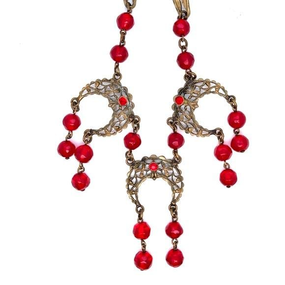 Red Beaded Filigree Drop Necklace - Women Jewelry (n1)
