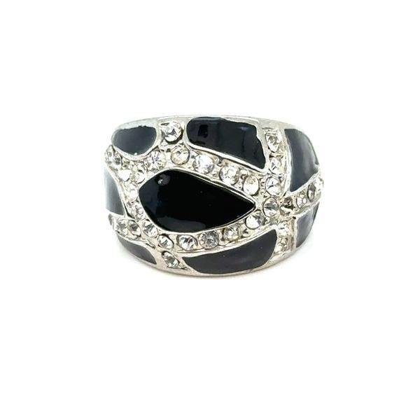Black Enamel & Crystal Dome Ring - Women Jewelry
